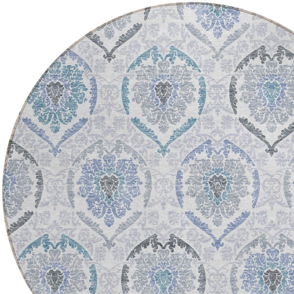 HomeRoots 5' Timeless Gray and Denim Blue Medallion Washable Area Rug for Indoor and Outdoor Spaces 8' Round 587658
