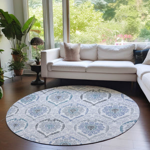 HomeRoots 5' Timeless Gray and Denim Blue Medallion Washable Area Rug for Indoor and Outdoor Spaces 8' Round 587658