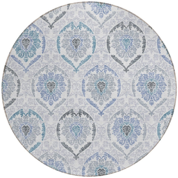 HomeRoots 5' Timeless Gray and Denim Blue Medallion Washable Area Rug for Indoor and Outdoor Spaces 8' Round 587658
