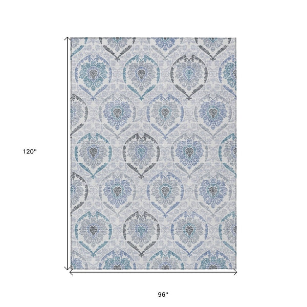HomeRoots 5' Timeless Gray and Denim Blue Medallion Washable Area Rug for Indoor and Outdoor Spaces 8' X 10' 587659