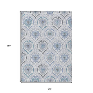 HomeRoots 9' Washable Medallion Area Rug in Gray and Denim Blue – Perfect for Indoor and Outdoor Spaces! 9' X 12' 587660