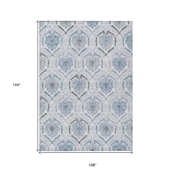 HomeRoots 9' Washable Medallion Area Rug in Gray and Denim Blue – Perfect for Indoor and Outdoor Spaces! 9' X 12' 587660