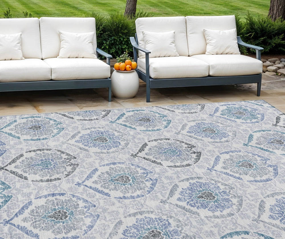 HomeRoots 9' Washable Medallion Area Rug in Gray and Denim Blue – Perfect for Indoor and Outdoor Spaces! 9' X 12' 587660