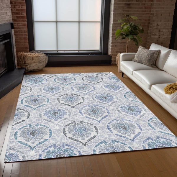 HomeRoots 9' Washable Medallion Area Rug in Gray and Denim Blue – Perfect for Indoor and Outdoor Spaces! 9' X 12' 587660