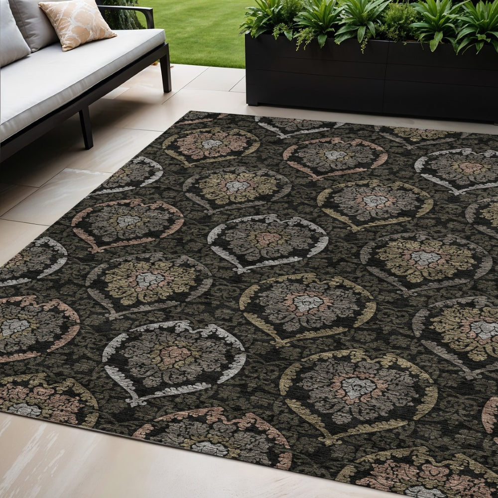 HomeRoots 5' Stylish Black Gray Brown Medallion Washable Area Rug for Indoor & Outdoor Spaces - Durable & Versatile 5' X 8' 587693