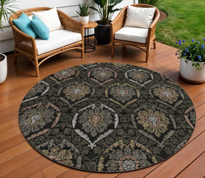 Homeroots 3' Black Gray And Brown Medallion Washable Area Rug - Versatile Indoor Outdoor Decorative Touch 8' Round Polyester 587694