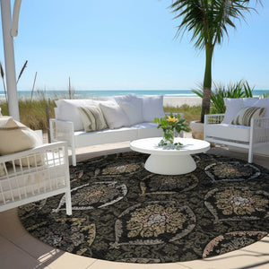 Homeroots 3' Black Gray And Brown Medallion Washable Area Rug - Versatile Indoor Outdoor Decorative Touch 8' Round Polyester 587694