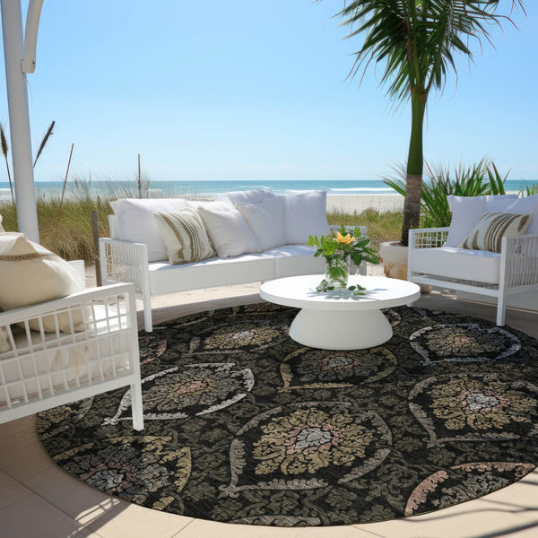 Homeroots 3' Black Gray And Brown Medallion Washable Area Rug - Versatile Indoor Outdoor Decorative Touch 8' Round Polyester 587694