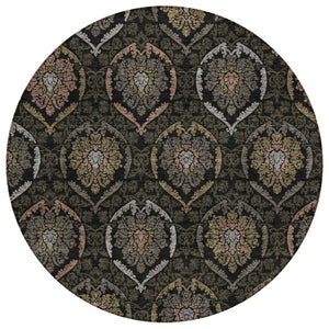 HomeRoots 5' Stylish Black Gray Brown Medallion Washable Area Rug for Indoor & Outdoor Spaces - Durable & Versatile 8' Round 587694