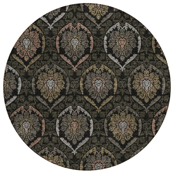 HomeRoots 5' Stylish Black Gray Brown Medallion Washable Area Rug for Indoor & Outdoor Spaces - Durable & Versatile 8' Round 587694