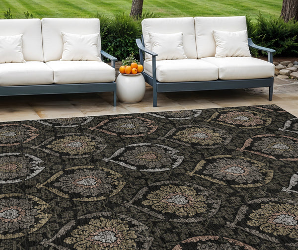 Homeroots 3' Black Gray And Brown Medallion Washable Area Rug - Versatile Indoor Outdoor Decorative Touch 10' X 14' Polyester 587697