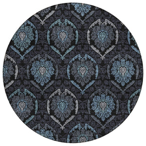 HomeRoots 5' Stylish Medallion Area Rug in Blue, Charcoal & Gray – Durable, Washable for Indoor/Outdoor Use 8' Round 587700