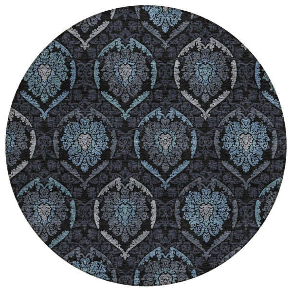 HomeRoots 5' Stylish Medallion Area Rug in Blue, Charcoal & Gray – Durable, Washable for Indoor/Outdoor Use 8' Round 587700