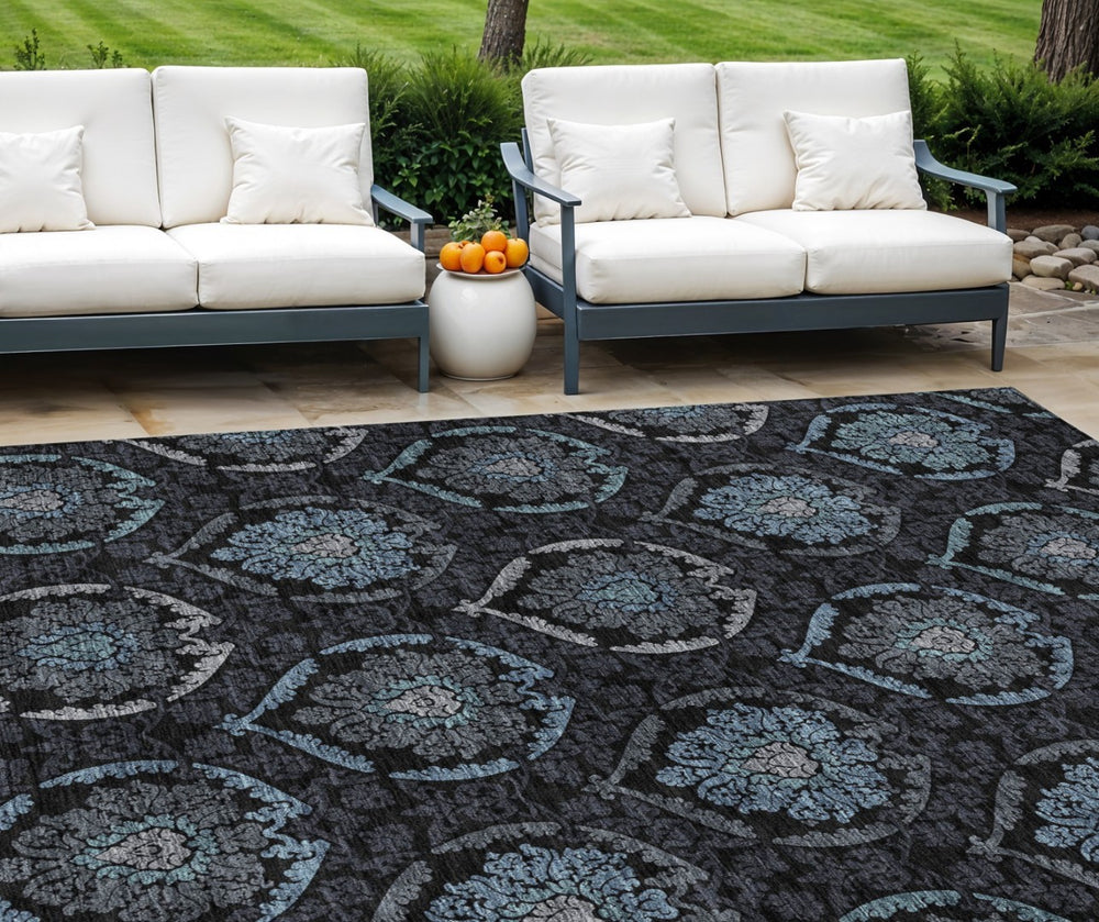 HomeRoots 5' Stylish Medallion Area Rug in Blue, Charcoal & Gray – Durable, Washable for Indoor/Outdoor Use 8' X 10' 587701