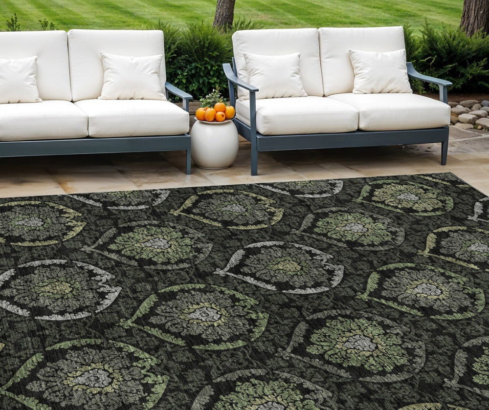 HomeRoots 9' Medallion Area Rug in Green, Gray & Charcoal – Stylish, Washable & Durable for Indoor/Outdoor Use 9' X 12' 587708