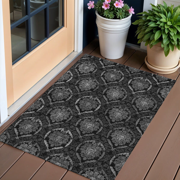 Homeroots 3' Black Gray And Brown Medallion Washable Area Rug - Versatile Indoor Outdoor Decorative Touch 3' X 5' Polyester 587710