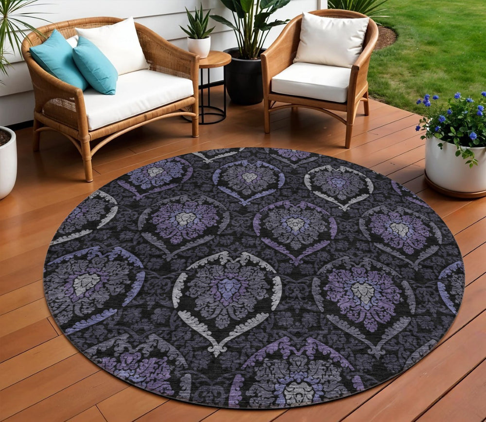 HomeRoots 5' Medallion Area Rug in Purple, Charcoal & Gray – Durable, Washable for Indoor/Outdoor Use 8' Round 587718