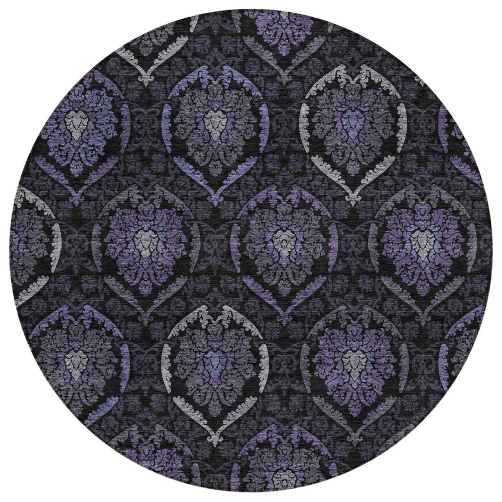 HomeRoots 5' Medallion Area Rug in Purple, Charcoal & Gray – Durable, Washable for Indoor/Outdoor Use 8' Round 587718