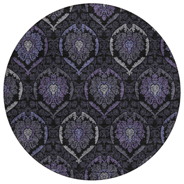 HomeRoots 5' Medallion Area Rug in Purple, Charcoal & Gray – Durable, Washable for Indoor/Outdoor Use 8' Round 587718