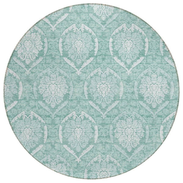 HomeRoots 5' Vibrant Turquoise Teal Blue & Ivory Medallion Indoor Outdoor Area Rug – Durable & Washable Comfort 8' Round 587772