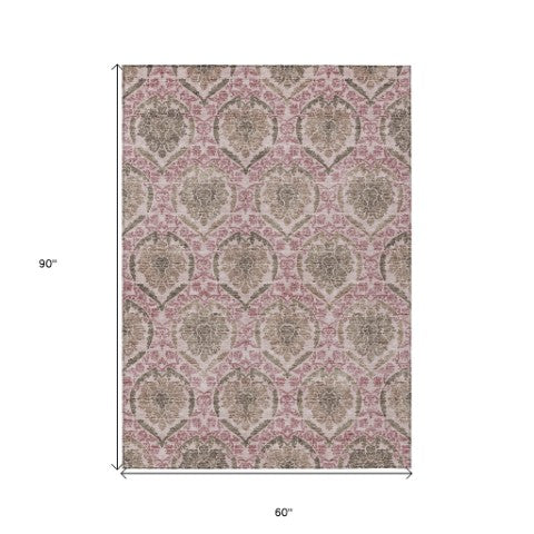 Homeroots 3' Stylish Chocolate Beige & Mauve Medallion Area Rug - Washable, Durable For Indoor & Outdoor Use 5' X 8' Polyester 587777