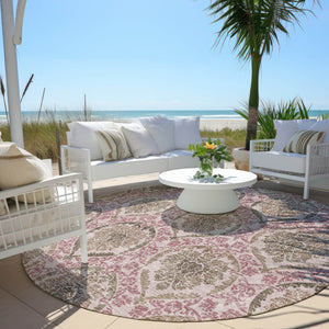 Homeroots 3' Stylish Chocolate Beige & Mauve Medallion Area Rug - Washable, Durable For Indoor & Outdoor Use 8' Round Polyester 587778