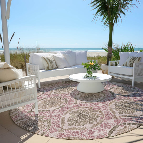 Homeroots 3' Stylish Chocolate Beige & Mauve Medallion Area Rug - Washable, Durable For Indoor & Outdoor Use 8' Round Polyester 587778