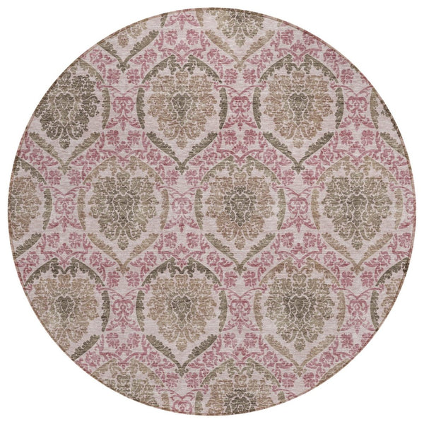 HomeRoots 5' Elegant Chocolate Beige & Mauve Medallion Area Rug – Washable, Indoor/Outdoor, Durable Design 8' Round 587778