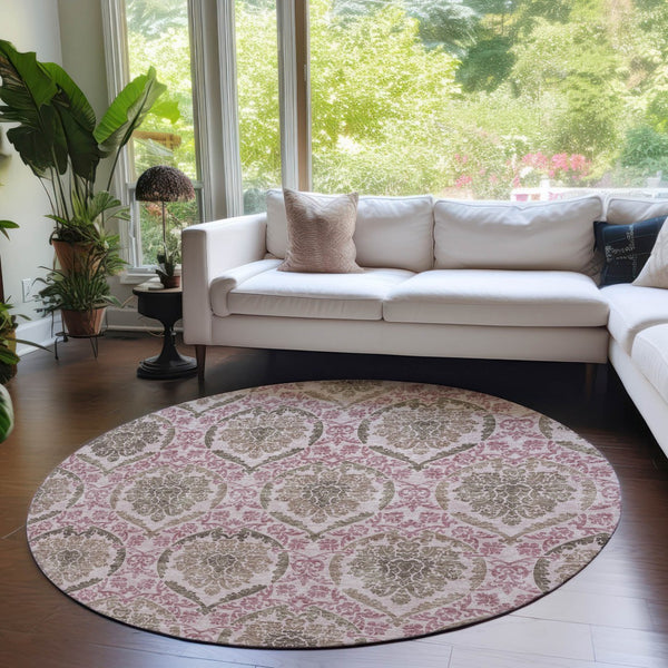 Homeroots 3' Stylish Chocolate Beige & Mauve Medallion Area Rug - Washable, Durable For Indoor & Outdoor Use 8' Round Polyester 587778