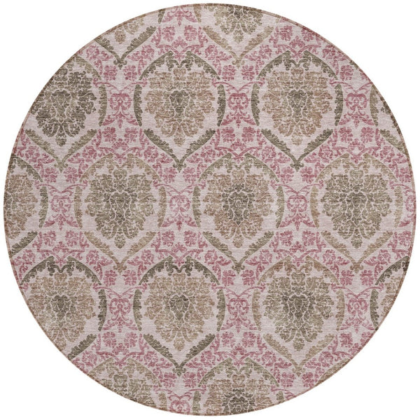 Homeroots 3' Stylish Chocolate Beige & Mauve Medallion Area Rug - Washable, Durable For Indoor & Outdoor Use 8' Round Polyester 587778