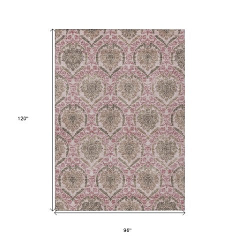 Homeroots 3' Stylish Chocolate Beige & Mauve Medallion Area Rug - Washable, Durable For Indoor & Outdoor Use 8' X 10' Polyester 587779