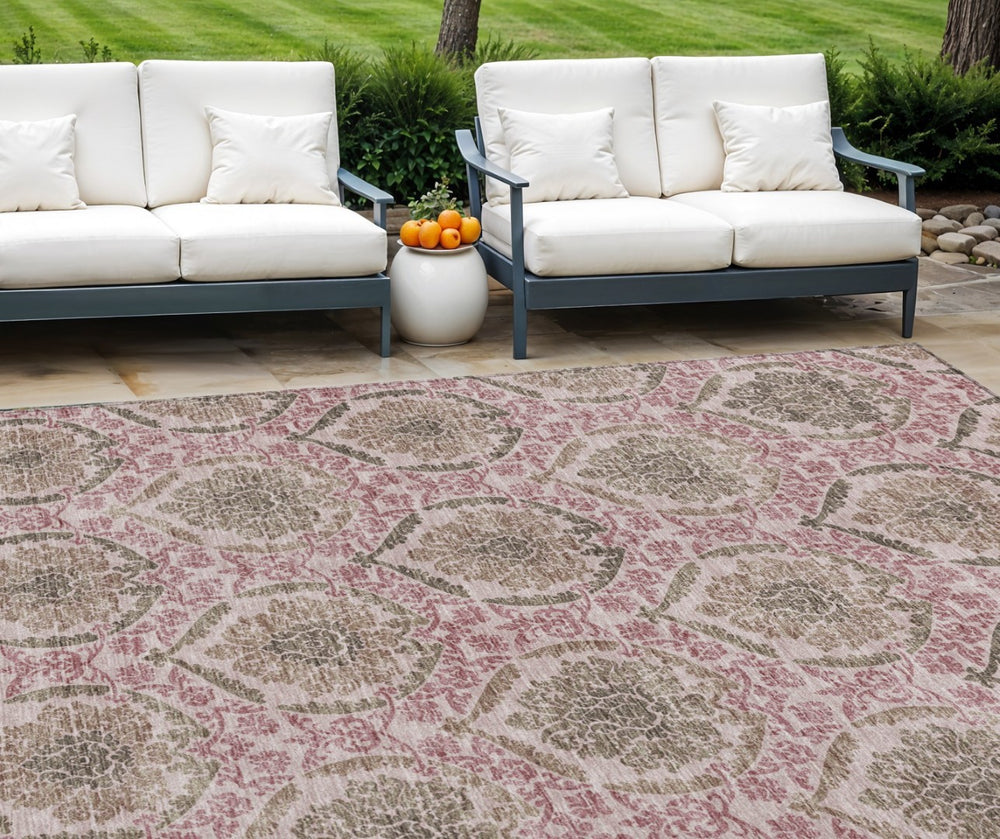 HomeRoots 9' Elegant Chocolate Beige and Mauve Medallion Washable Indoor-Outdoor Area Rug for Versatile Spaces 9' X 12' 587780