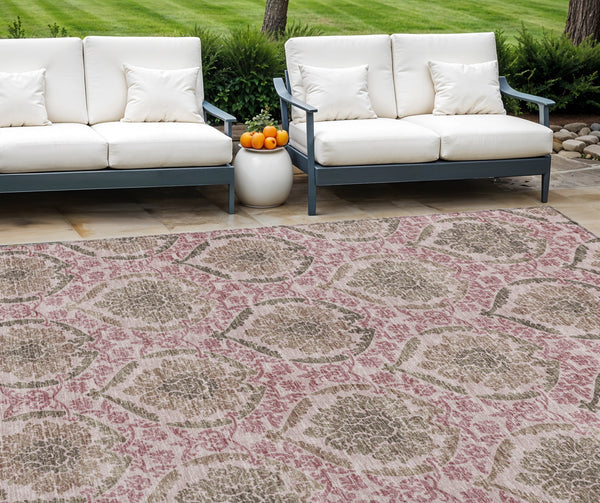 Homeroots 3' Stylish Chocolate Beige & Mauve Medallion Area Rug - Washable, Durable For Indoor & Outdoor Use 10' X 14' Polyester 587781