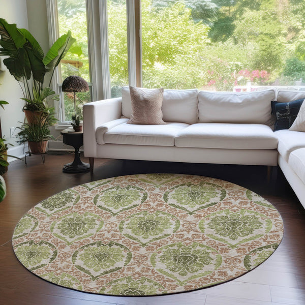 Homeroots 3' Stylish Chocolate Beige & Mauve Medallion Area Rug - Washable, Durable For Indoor & Outdoor Use 8' Round Polyester 587796