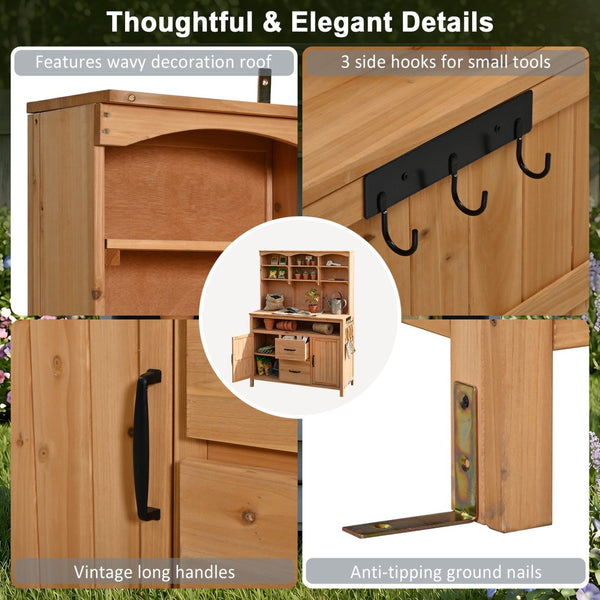 English Elm (with Hutch) Topmax Solid Fir Outdoor Potting Bench Station Cabinets Drawers Patio Garden Natural Wood N717P404332A