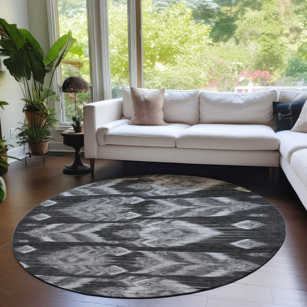 Homeroots 3' Black Charcoal And Silver Southwestern Indoor Outdoor Area Rug - Stylish, Durable, Washable Design 8' Round Polyester 587802