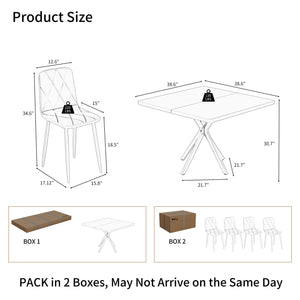 English Elm Square MDF Dining Set for 4 with Faux Marble Top, Mid-Century Modern Iron Legs, Easy-Clean Surface White+gray W578S00023