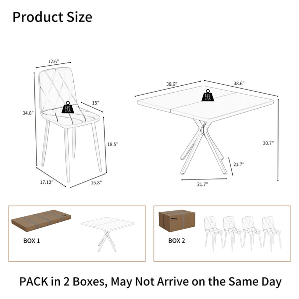 English Elm Square MDF Dining Set for 4 with Faux Marble Top, Mid-Century Modern Iron Legs, Easy-Clean Surface White+gray W578S00023