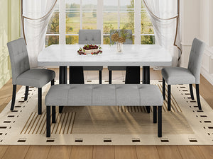 English Elm 6 Piece Dining Set with Rectangular Solid Wood Table, Upholstered Chairs & Bench, Rustic Charm, Easy Assembly, Seats 6 Gray,White N752S000011E