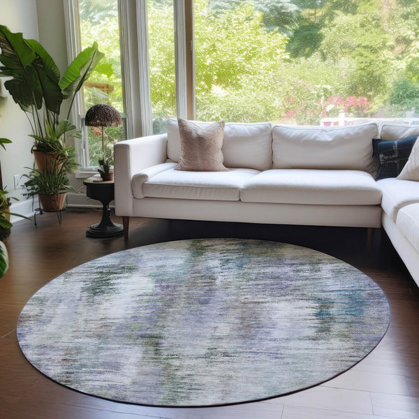 Homeroots 3' Inviting Green Gray And Purple Abstract Washable Indoor Outdoor Area Rug For Versatile Spaces 8' Round Polyester 587838