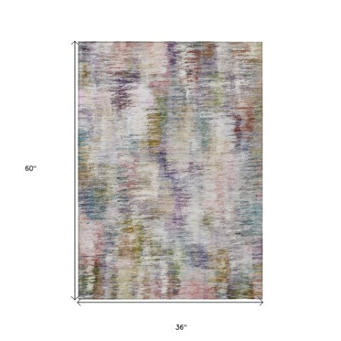 Homeroots 3' Inviting Green Gray And Purple Abstract Washable Indoor Outdoor Area Rug For Versatile Spaces 3' X 5' Polyester 587848