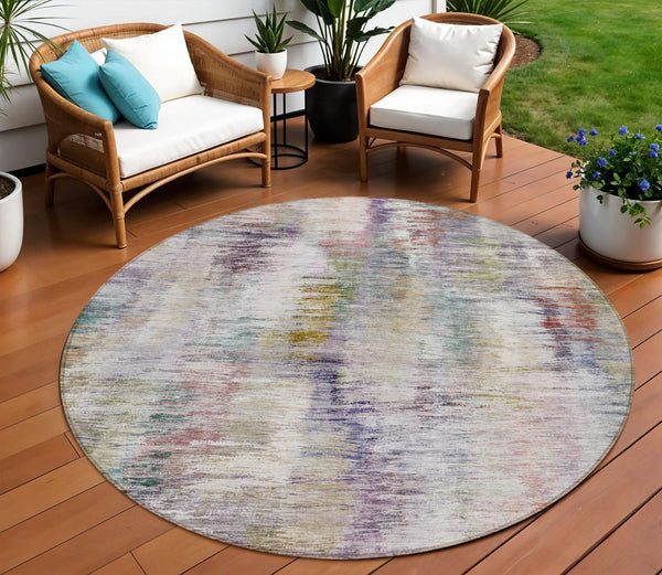 Homeroots 3' Inviting Green Gray And Purple Abstract Washable Indoor Outdoor Area Rug For Versatile Spaces 8' Round Polyester 587850