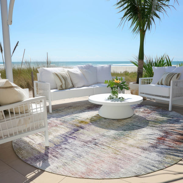 Homeroots 3' Inviting Green Gray And Purple Abstract Washable Indoor Outdoor Area Rug For Versatile Spaces 8' Round Polyester 587850