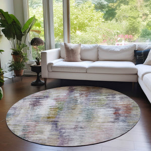 Homeroots 3' Inviting Green Gray And Purple Abstract Washable Indoor Outdoor Area Rug For Versatile Spaces 8' Round Polyester 587850