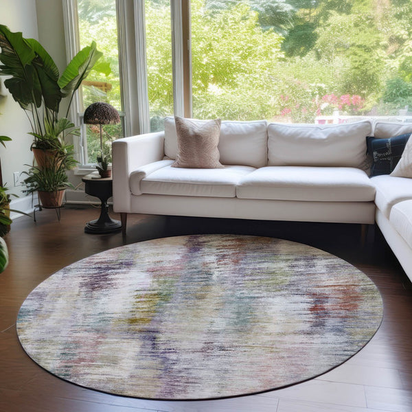 Homeroots 3' Inviting Green Gray And Purple Abstract Washable Indoor Outdoor Area Rug For Versatile Spaces 8' Round Polyester 587850