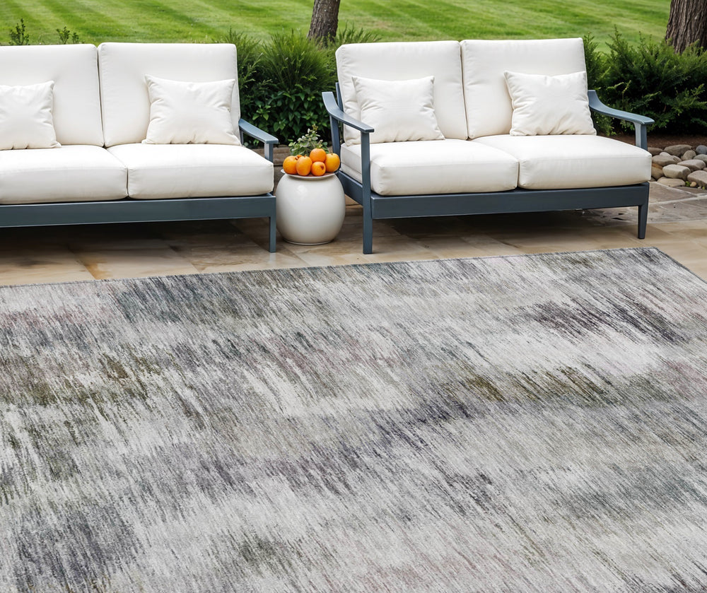 Homeroots 3' Inviting Green Gray And Purple Abstract Washable Indoor Outdoor Area Rug For Versatile Spaces 10' X 14' Polyester 587865