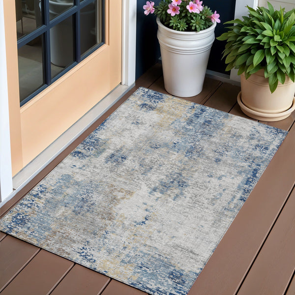 Homeroots 3' Denim Blue & Sky Blue Abstract Washable Area Rug For Indoor & Outdoor Spaces - Durable & Stylish 3' X 5' Polyester 587866