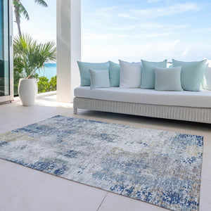 Homeroots 3' Denim Blue & Sky Blue Abstract Washable Area Rug For Indoor & Outdoor Spaces - Durable & Stylish 5' X 8' Polyester 587867