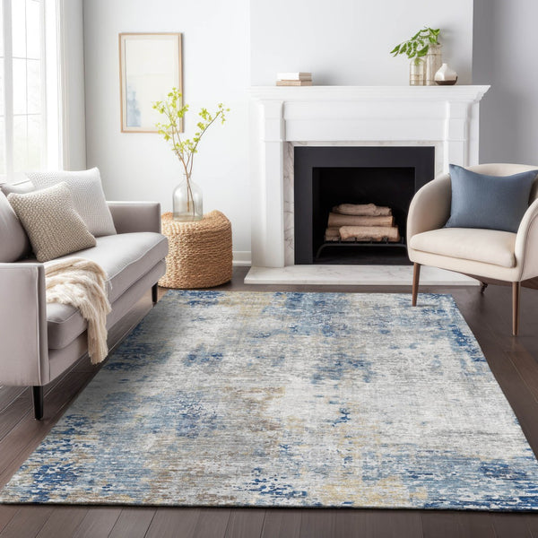 Homeroots 3' Denim Blue & Sky Blue Abstract Washable Area Rug For Indoor & Outdoor Spaces - Durable & Stylish 9' X 12' Polyester 587870