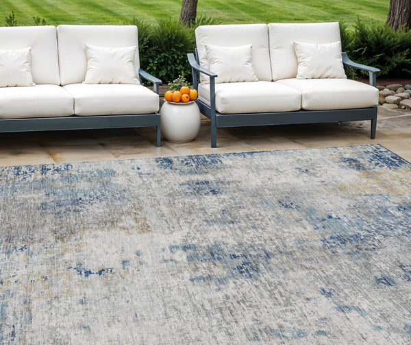 Homeroots 3' Denim Blue & Sky Blue Abstract Washable Area Rug For Indoor & Outdoor Spaces - Durable & Stylish 10' X 14' Polyester 587871